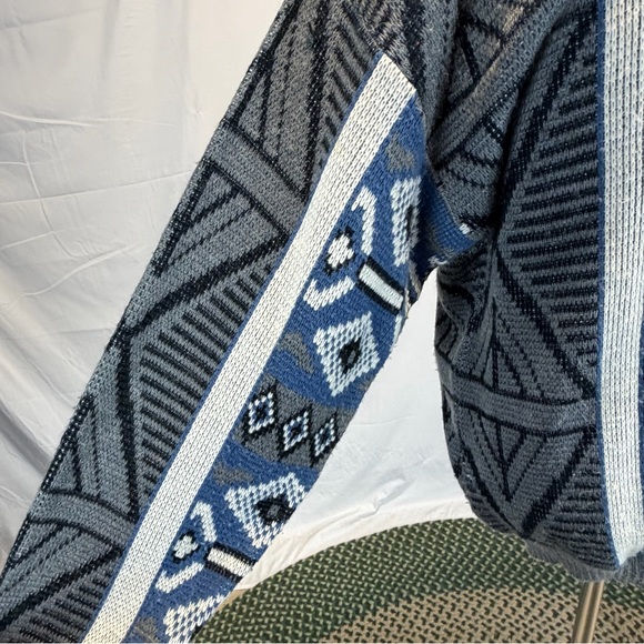 VINTAGE 80s funky quirky geometric knit sweater mens navy blue Diamond argyle - Picture 4 of 10